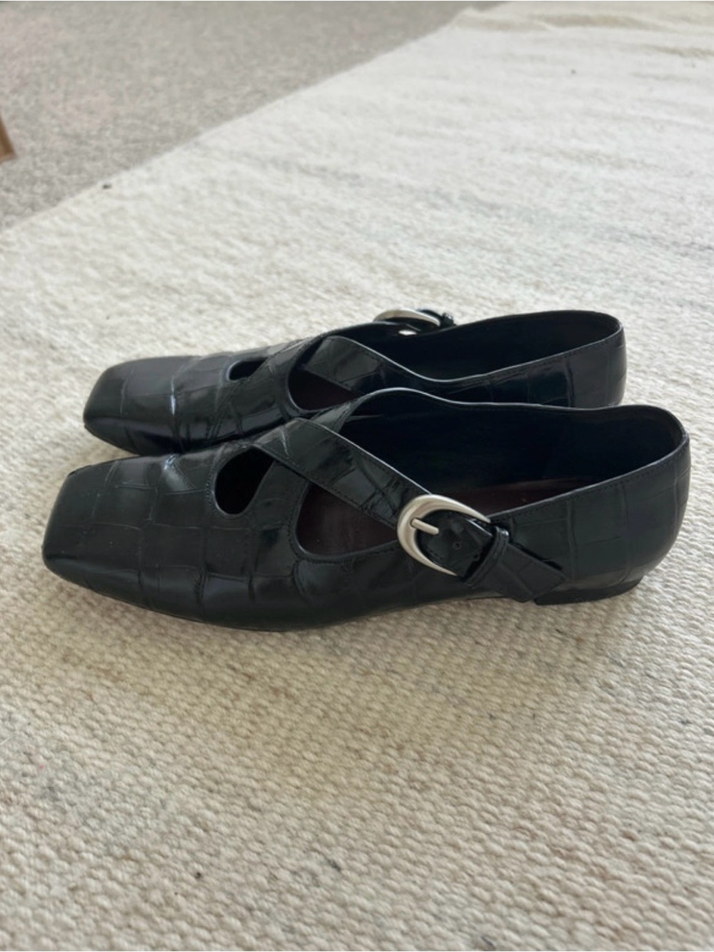 Vince Croc-Embossed Square-Toe Mary Jane Flats with Silver Buckles - Picture 2 of 4